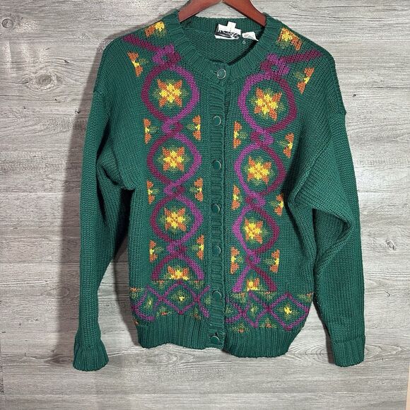 Vintage Russ Cardigan Sweater Women Small Green Acrylic Wool 90s FLowers - Picture 1 of 10